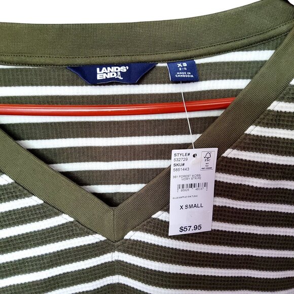 Lands End Womens XS Forest Moss & Ivory Stripe V-Neck Waffle Knit Tunic - Picture 2 of 9